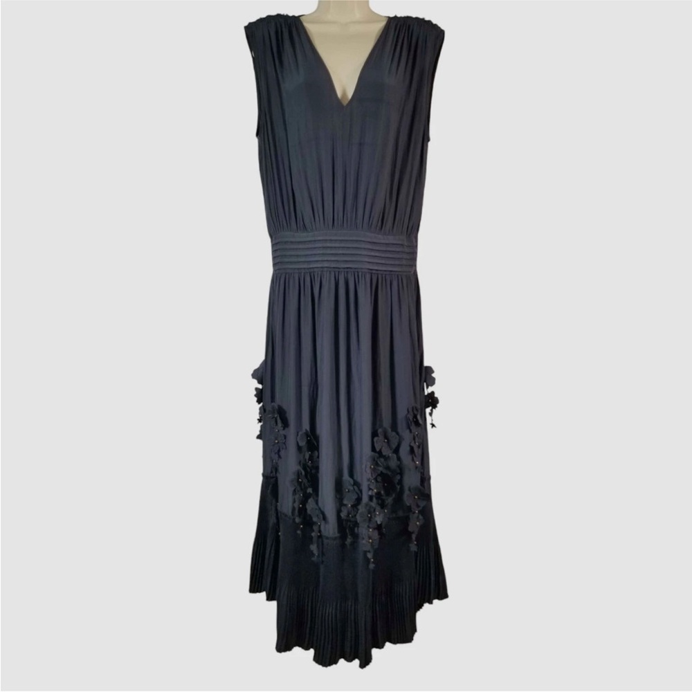 Ramy Brook Jacqueline Navy V Midi Semi Formal Dress Size M NWT Flower Detail